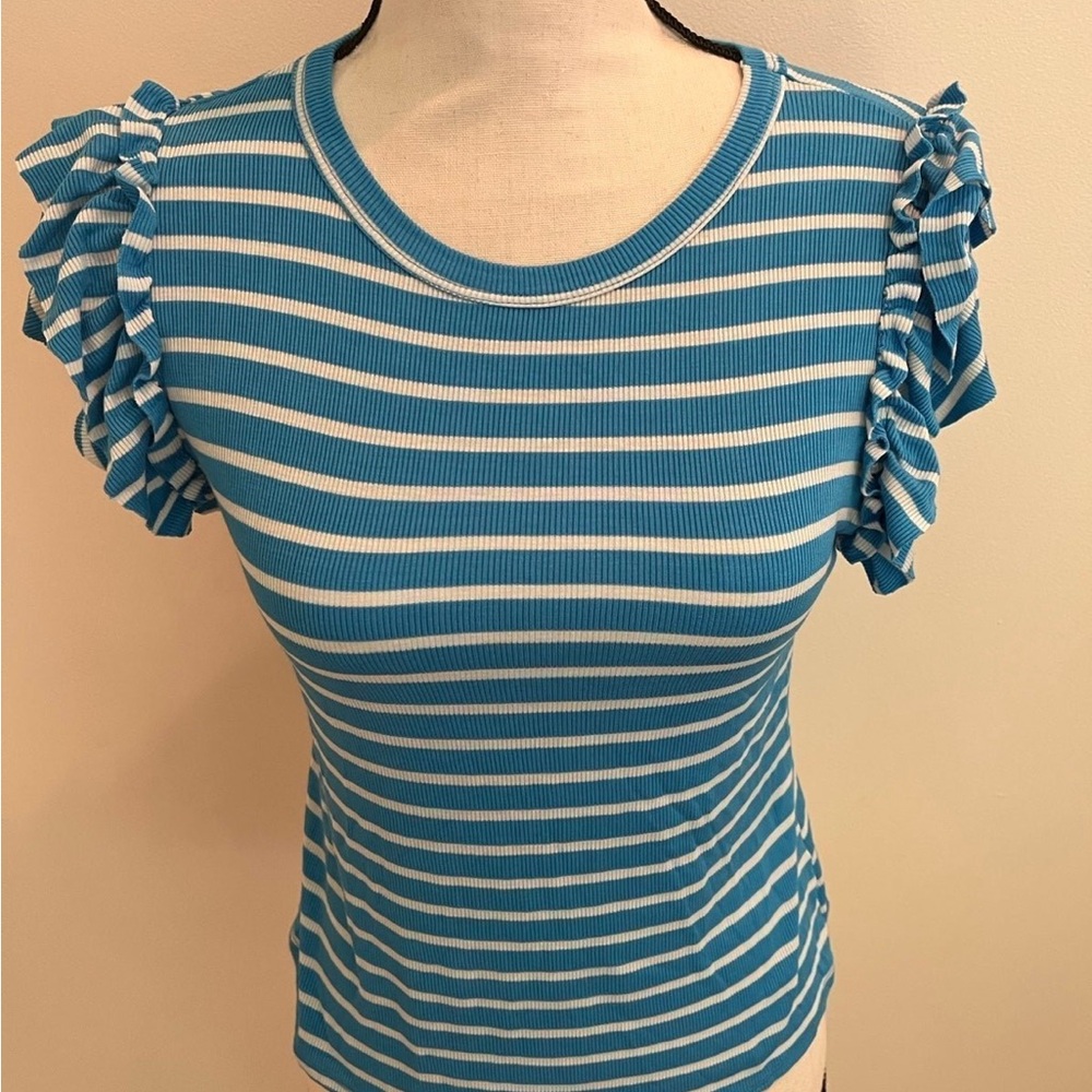 Blue and White Fitted Flutter Sleeve T-shirt